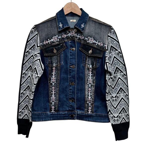 Reba Embroidered Denim Jacket Aztec Knit Sleeves Boho Wester Approx. M - Picture 2 of 8